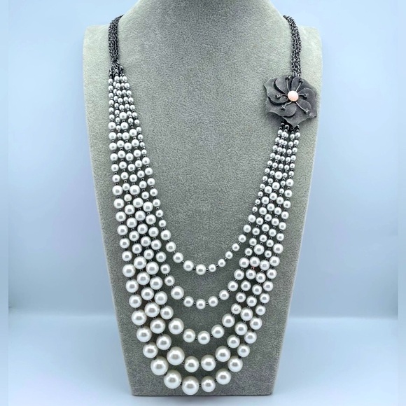 New York & Company Jewelry - NY Gunmetal Multi-Strand Faux Pearl Necklace with Flower Accent 31”+ 3”Extender
